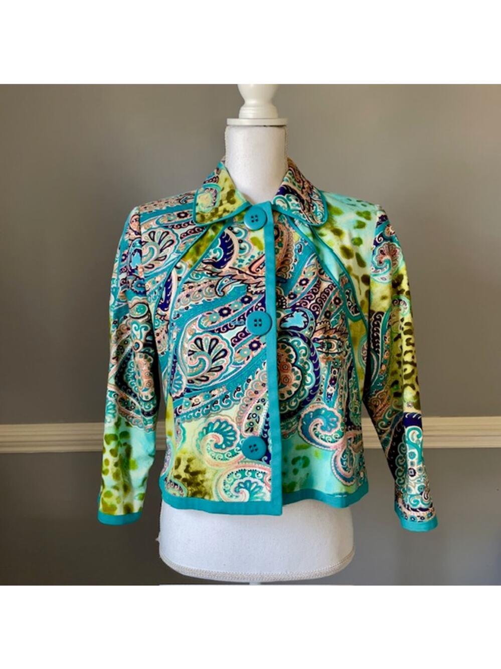 Harve Bernard Paisley Jacket Teal Green Button Front Statement Piece SMALL